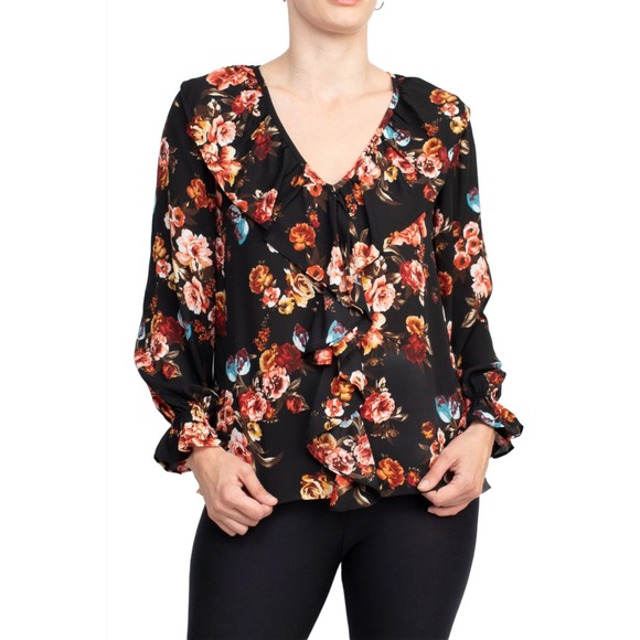 Counterparts Tops - 515.Counterparts Ruffled V-Neck Long Sleeve, Black Multi Print Crepe Top. Size L